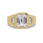 Emerald and Curved Trillion Cut Diamond Bezel Set Three Stone Ladies Ring