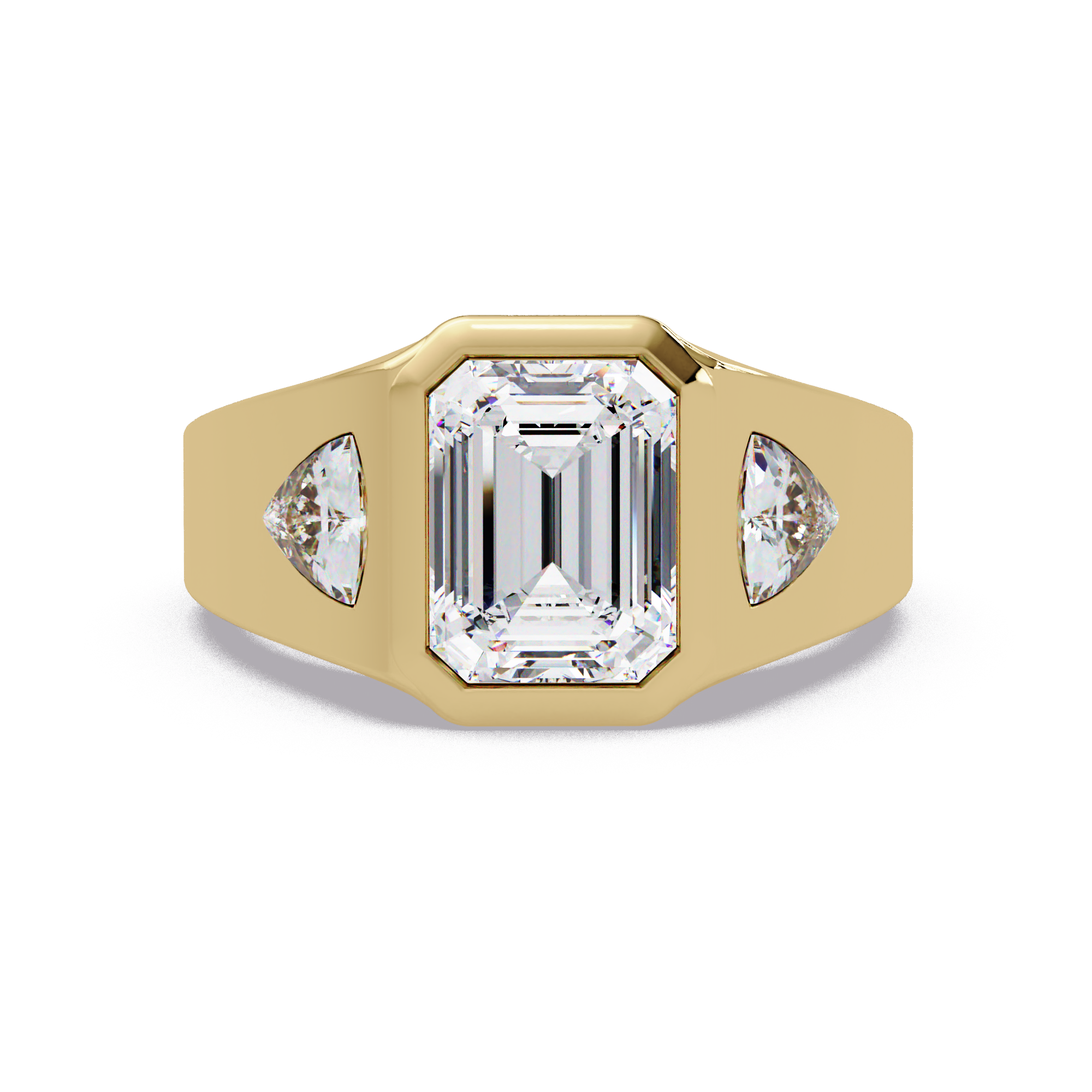 Emerald and Curved Trillion Cut Diamond Bezel Set Three Stone Ladies Ring