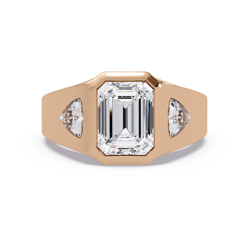 Emerald and Curved Trillion Cut Diamond Bezel Set Three Stone Ladies Ring