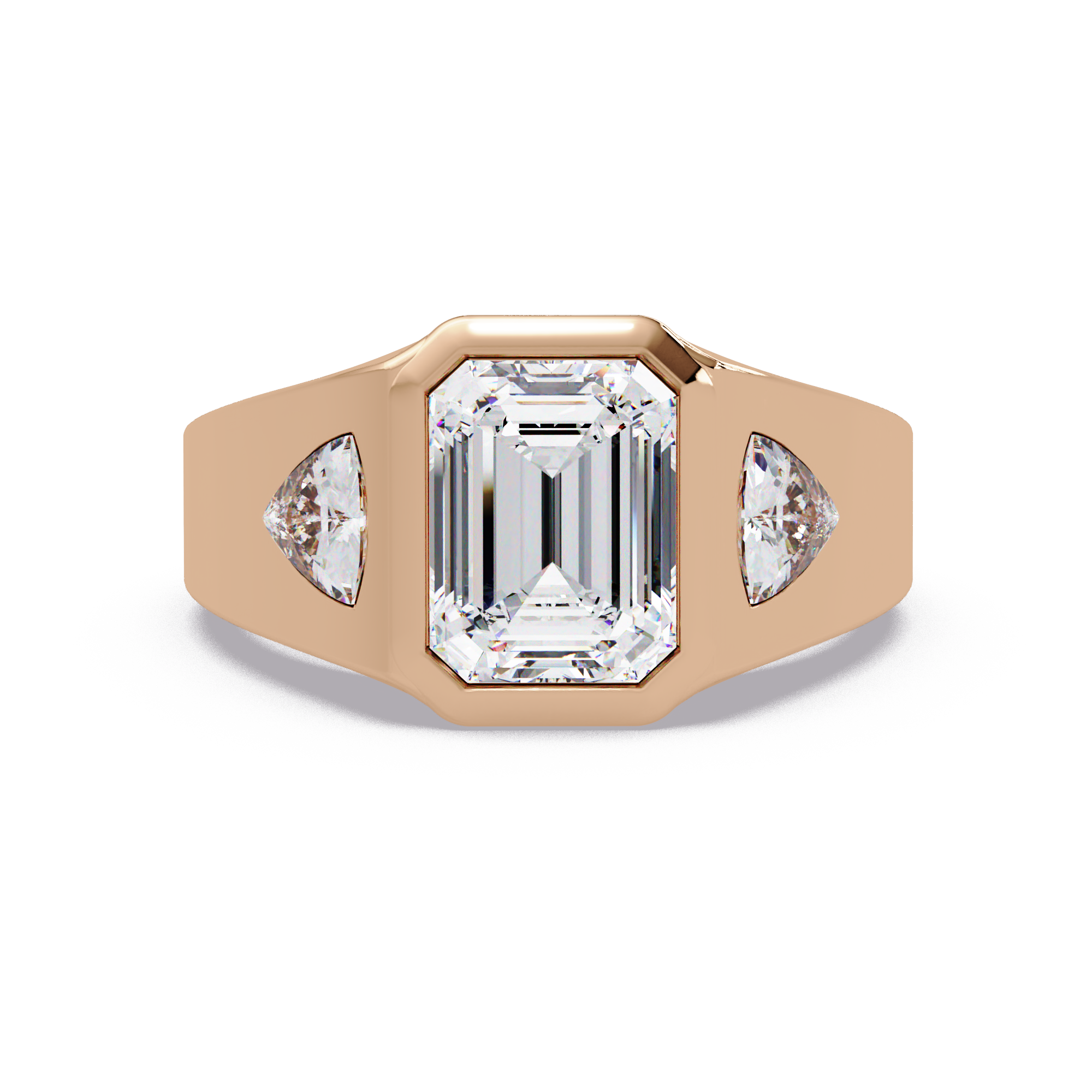 Emerald and Curved Trillion Cut Diamond Bezel Set Three Stone Ladies Ring