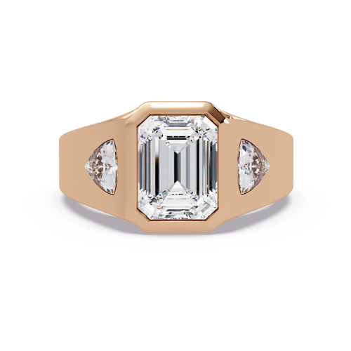 Emerald and Curved Trillion Cut Diamond Bezel Set Three Stone Ladies Ring