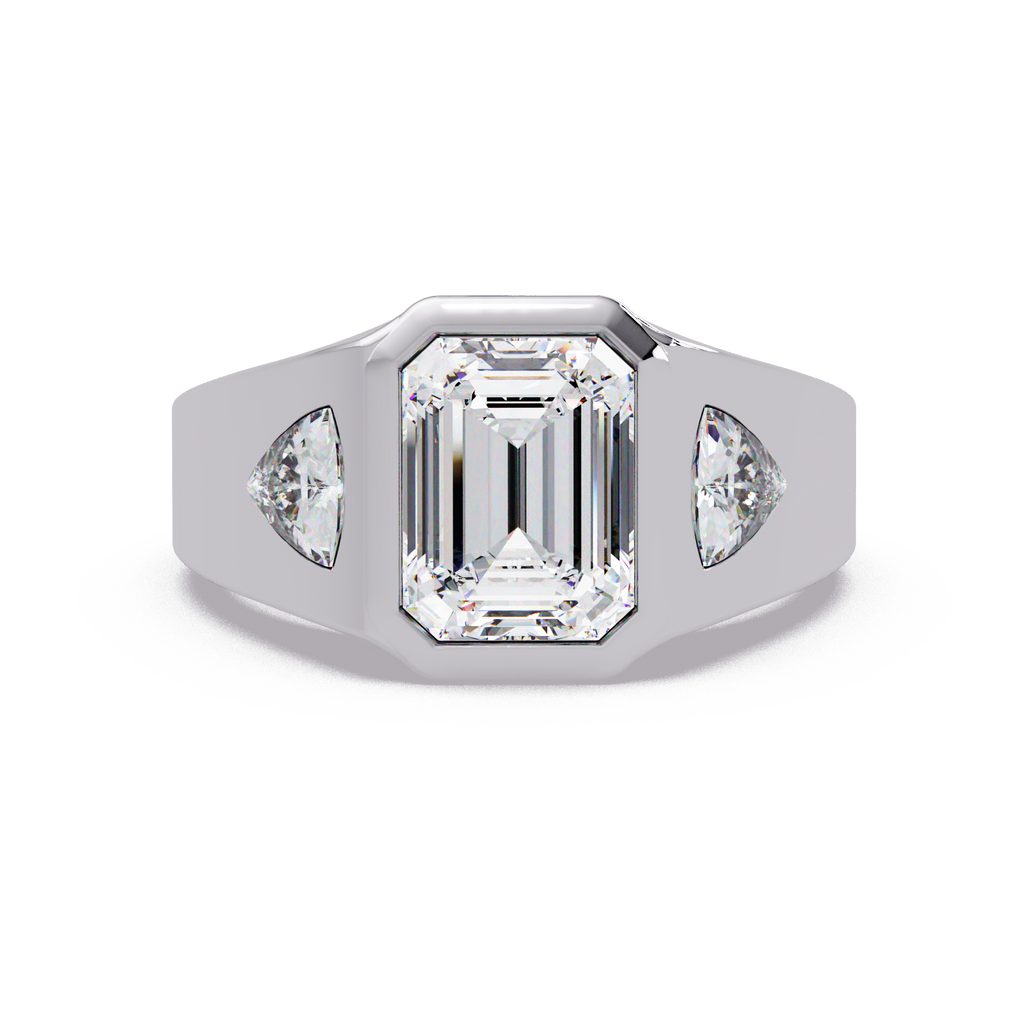 Emerald and Curved Trillion Cut Diamond Bezel Set Three Stone Ladies Ring