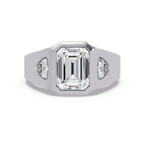 Emerald and Curved Trillion Cut Diamond Bezel Set Three Stone Ladies Ring