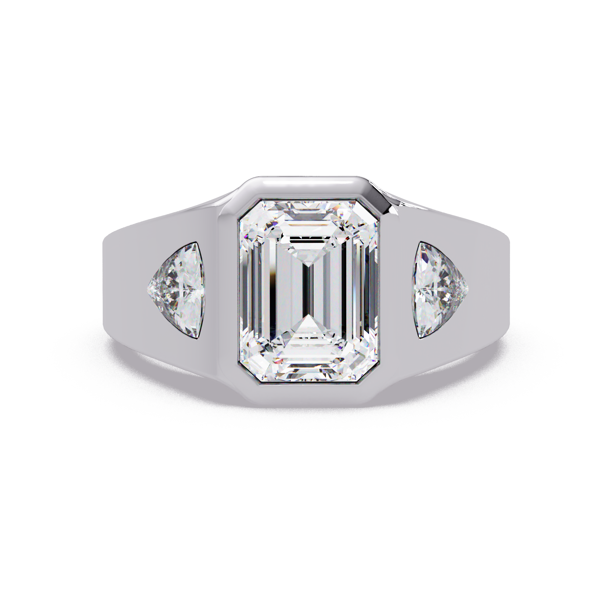Emerald and Curved Trillion Cut Diamond Bezel Set Three Stone Ladies Ring