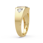Emerald and Curved Trillion Cut Diamond Bezel Set Three Stone Ladies Ring