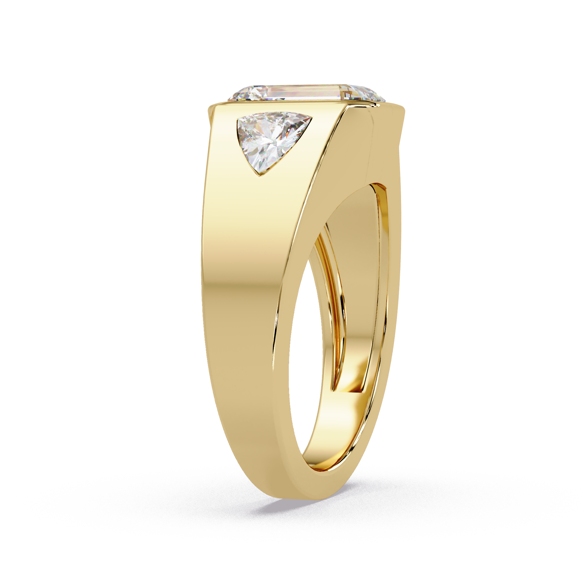 Emerald and Curved Trillion Cut Diamond Bezel Set Three Stone Ladies Ring
