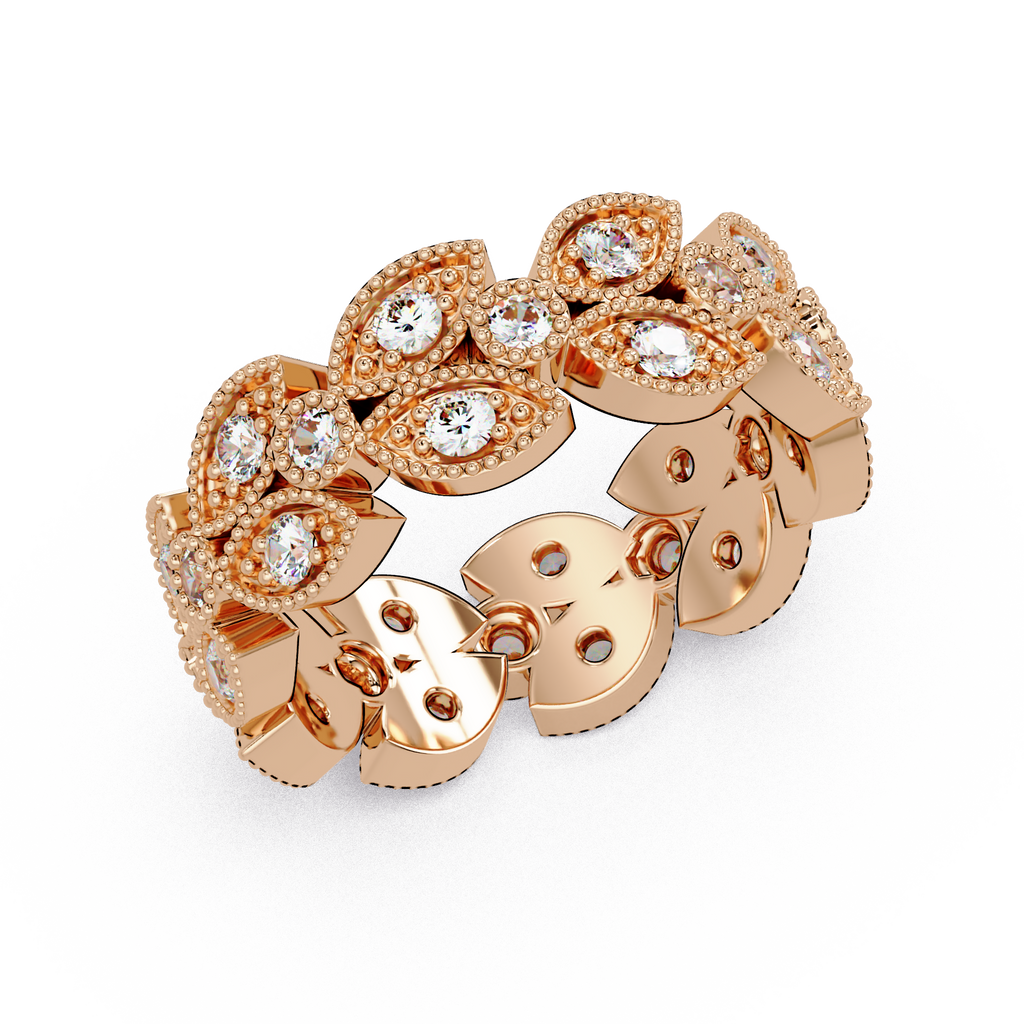 Vintage Leaf Motif Round Cut Diamond Band Ladies Ring