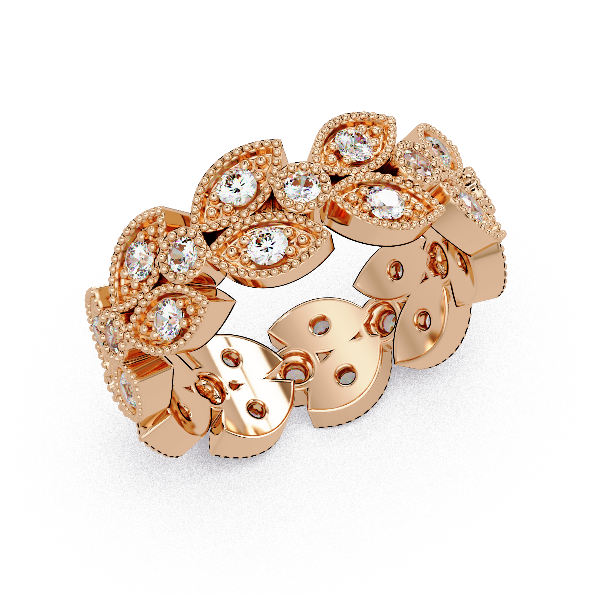 Vintage Leaf Motif Round Cut Diamond Band Ladies Ring