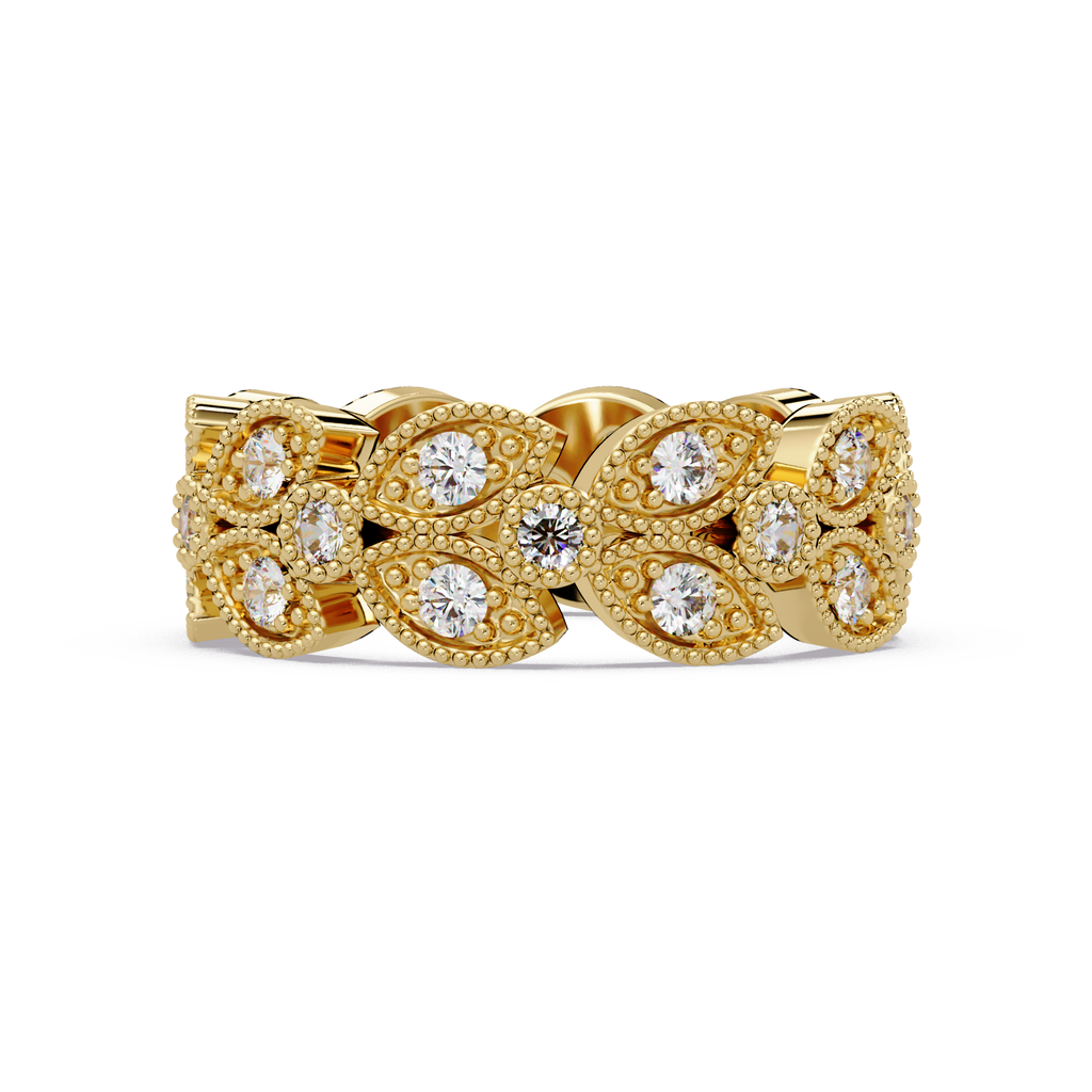 Vintage Leaf Motif Round Cut Diamond Band Ladies Ring