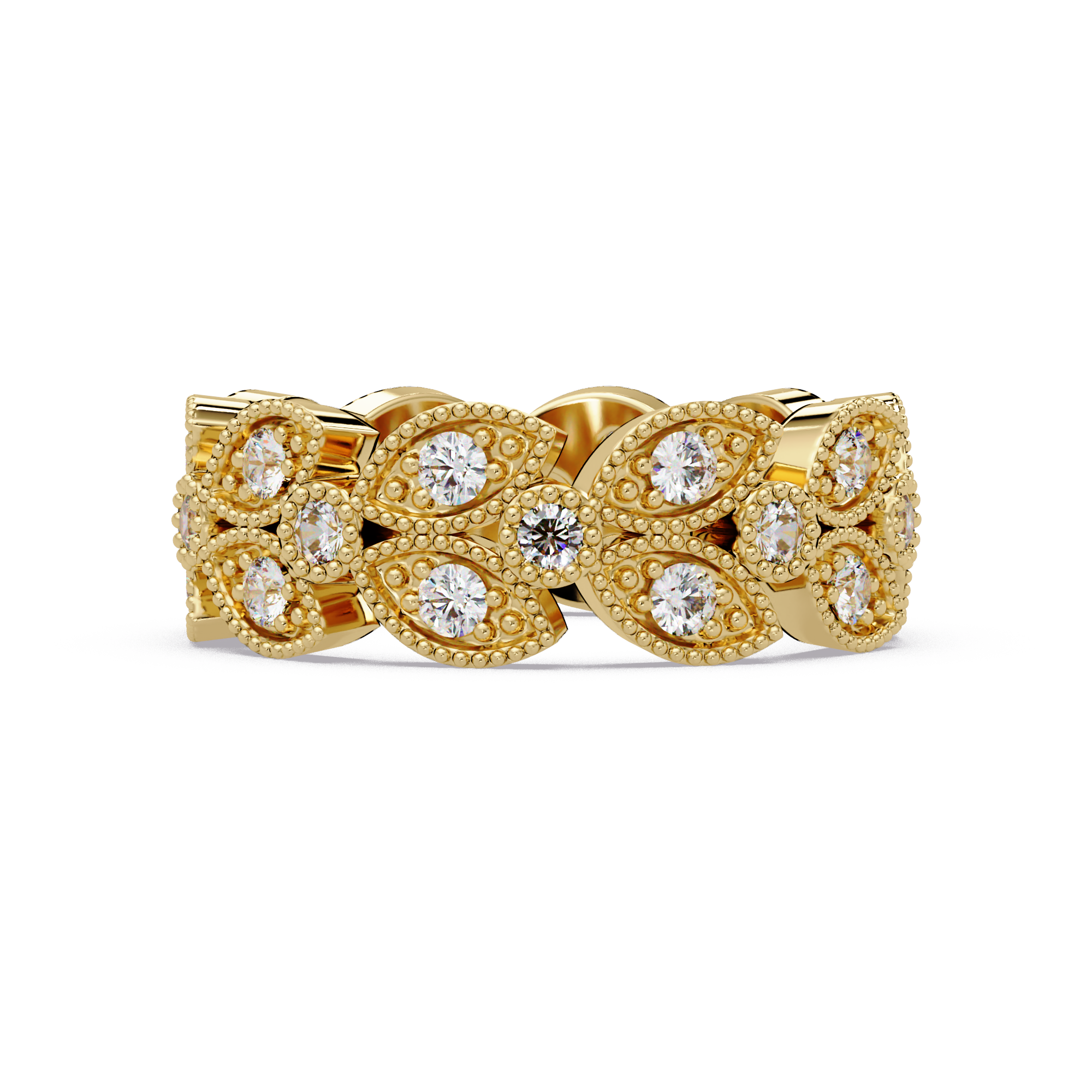 Vintage Leaf Motif Round Cut Diamond Band Ladies Ring