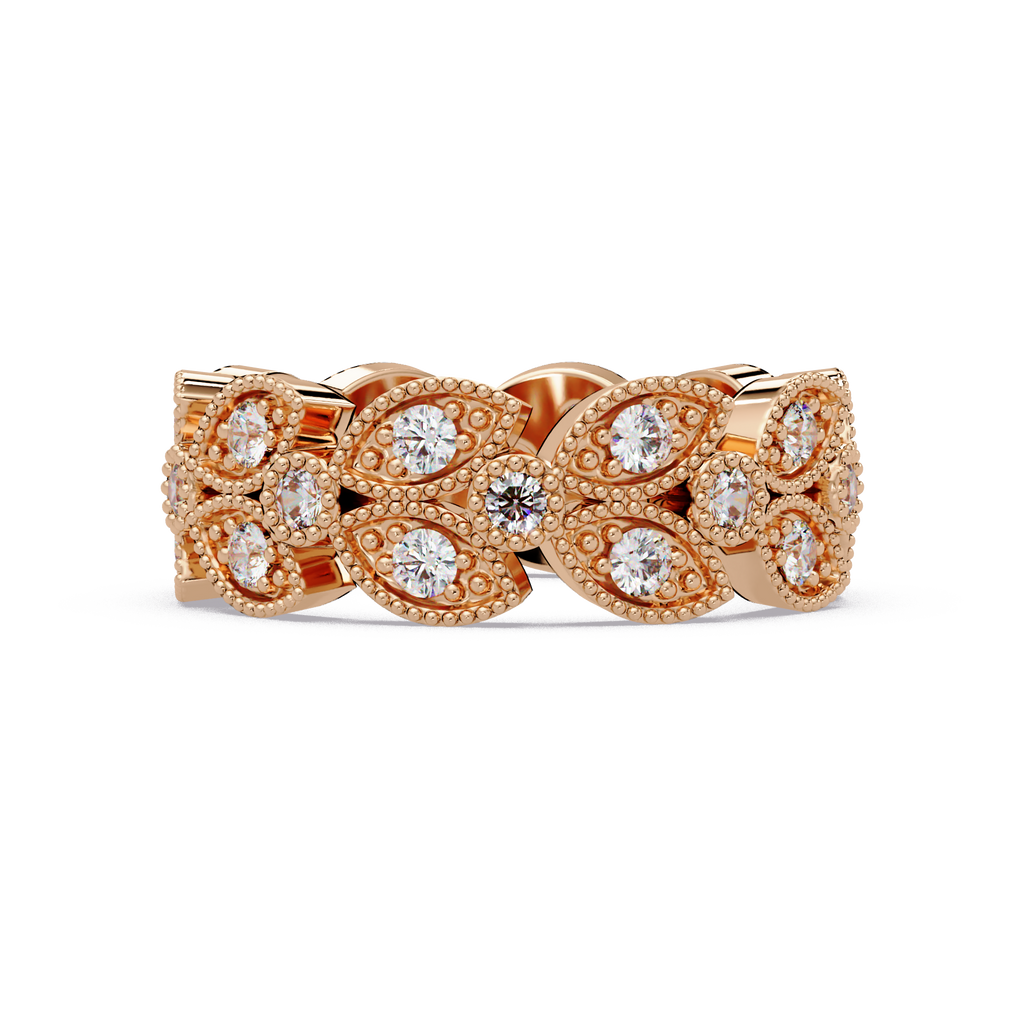 Vintage Leaf Motif Round Cut Diamond Band Ladies Ring