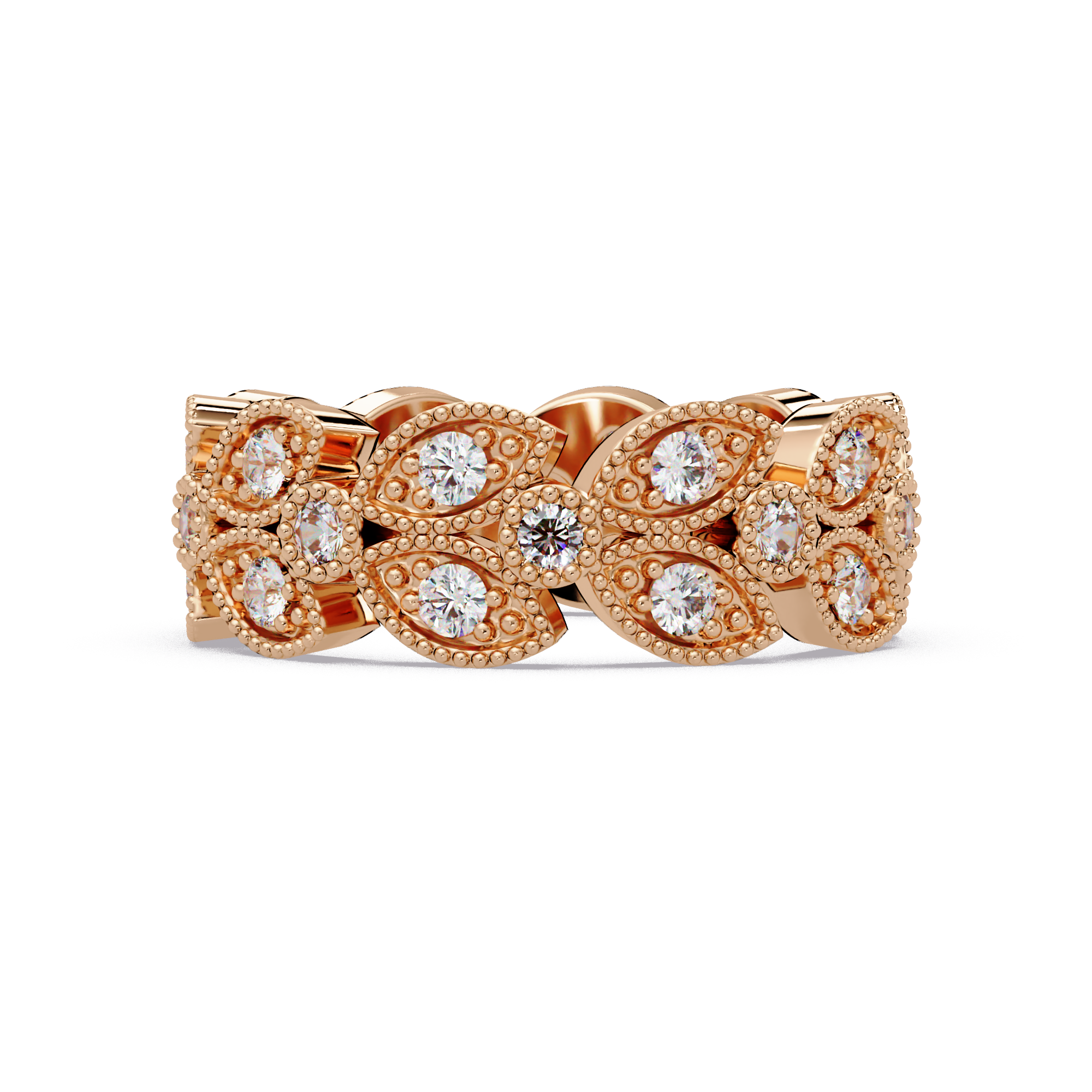 Vintage Leaf Motif Round Cut Diamond Band Ladies Ring