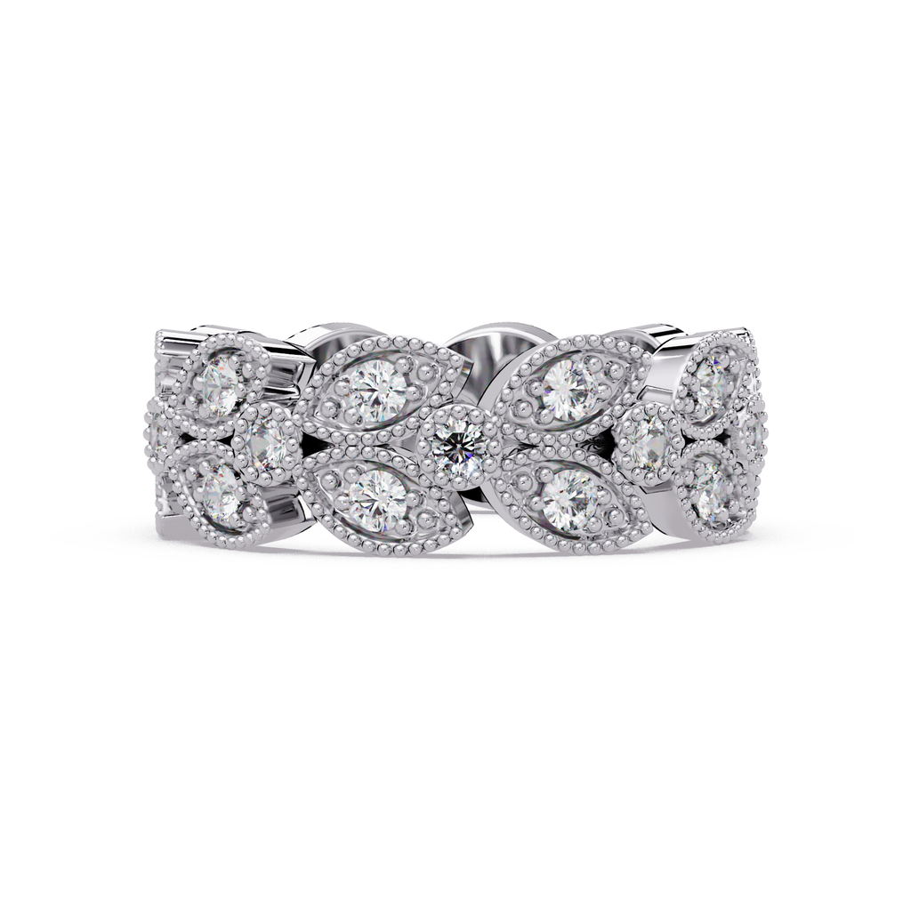 Vintage Leaf Motif Round Cut Diamond Band Ladies Ring