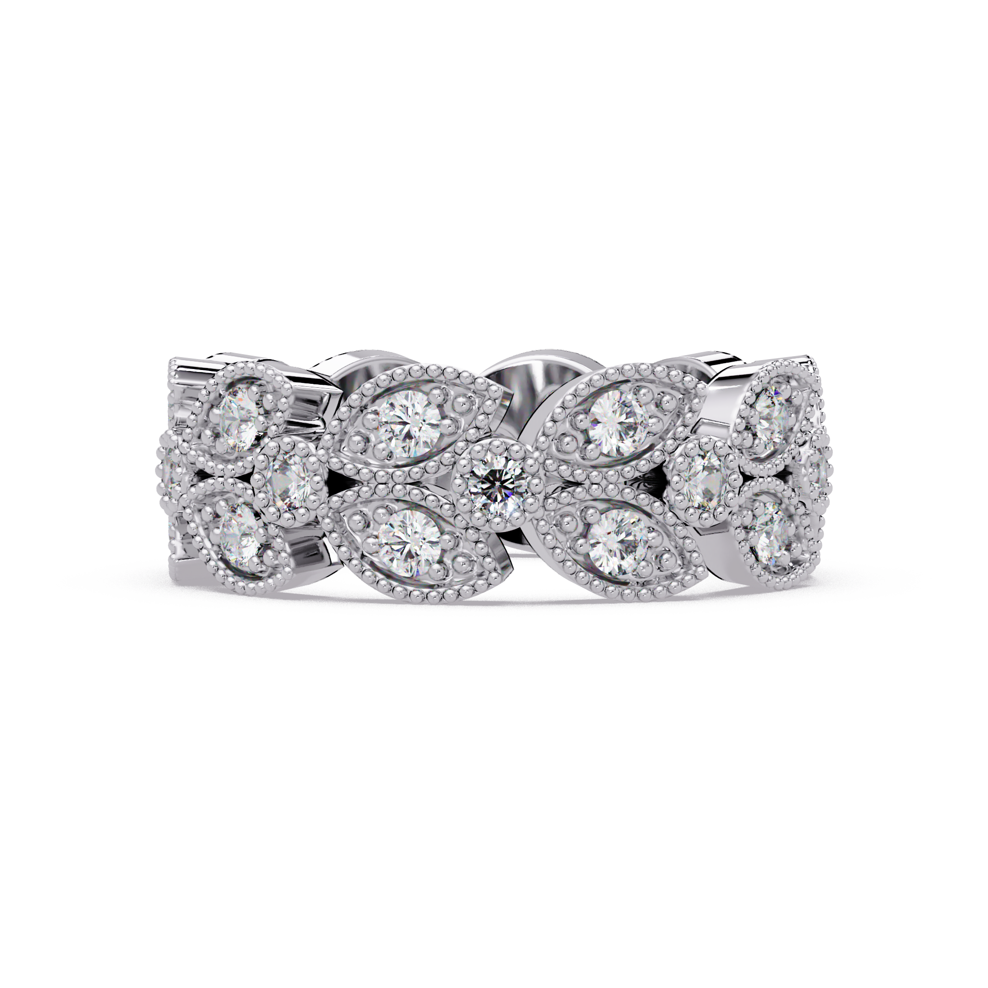 Vintage Leaf Motif Round Cut Diamond Band Ladies Ring