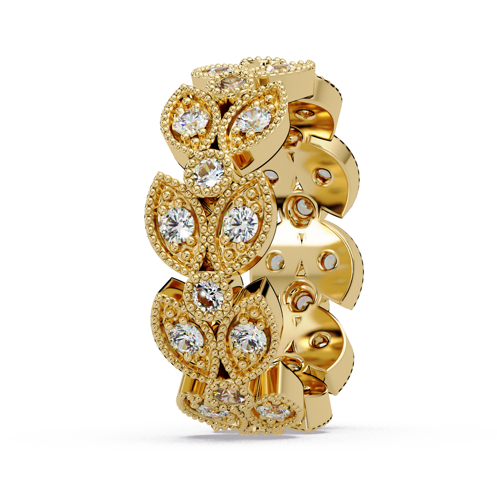 Vintage Leaf Motif Round Cut Diamond Band Ladies Ring