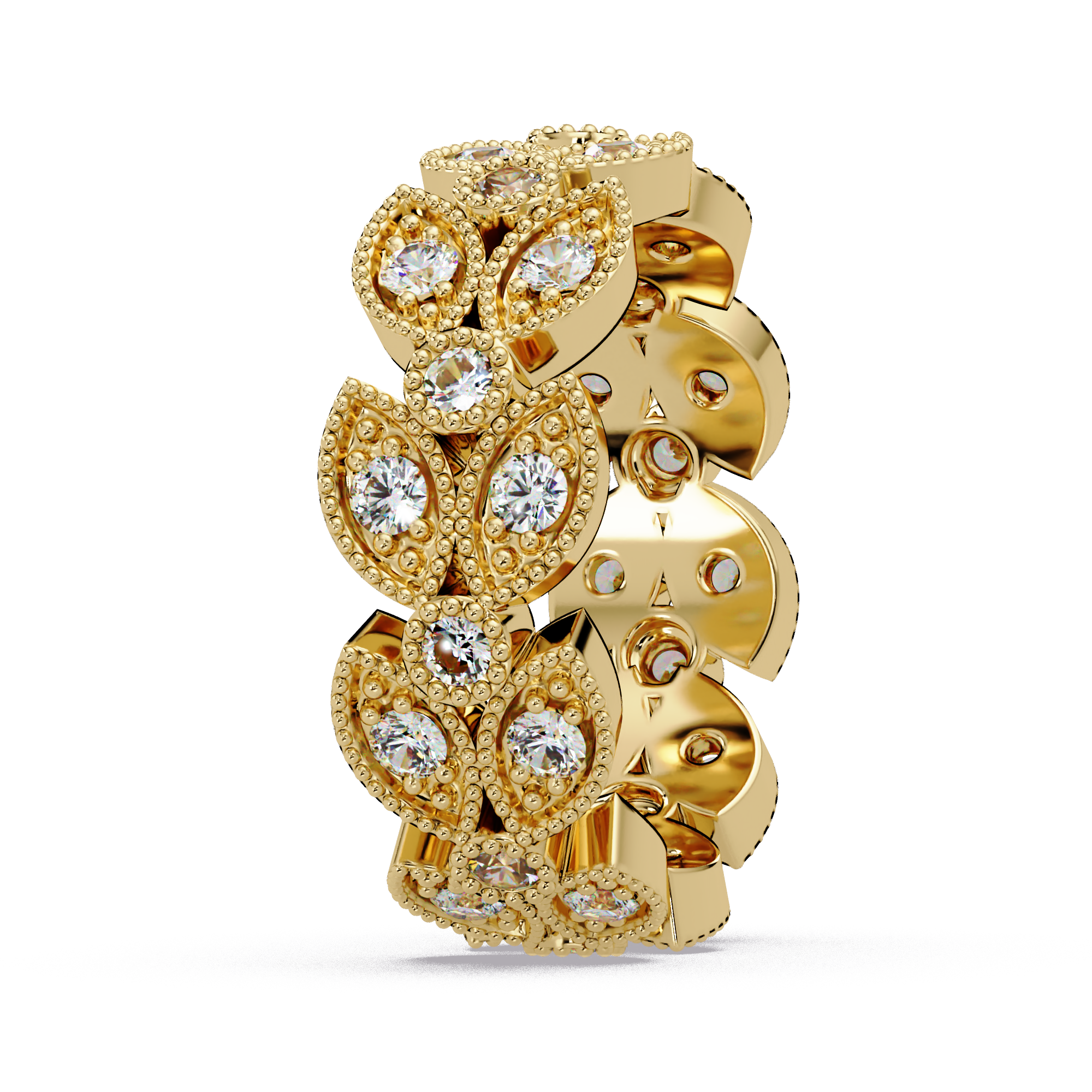 Vintage Leaf Motif Round Cut Diamond Band Ladies Ring