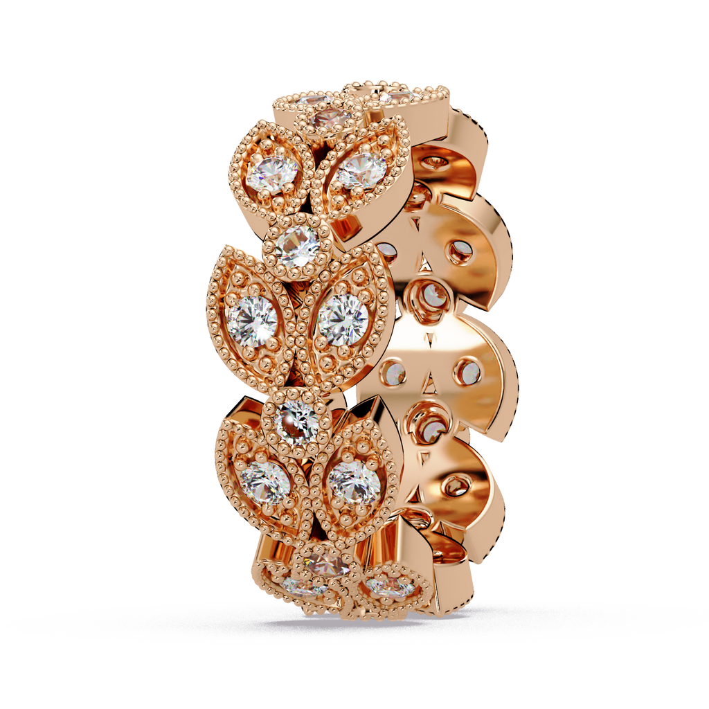Vintage Leaf Motif Round Cut Diamond Band Ladies Ring