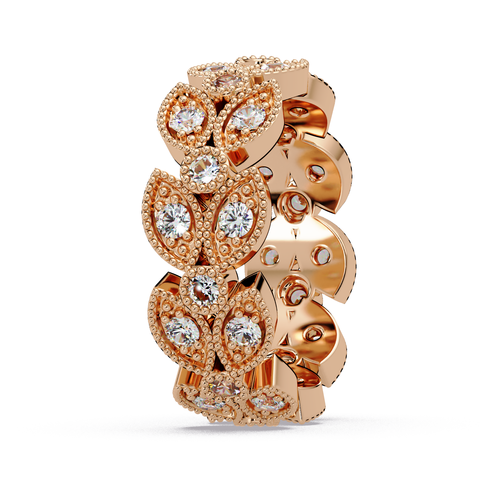 Vintage Leaf Motif Round Cut Diamond Band Ladies Ring