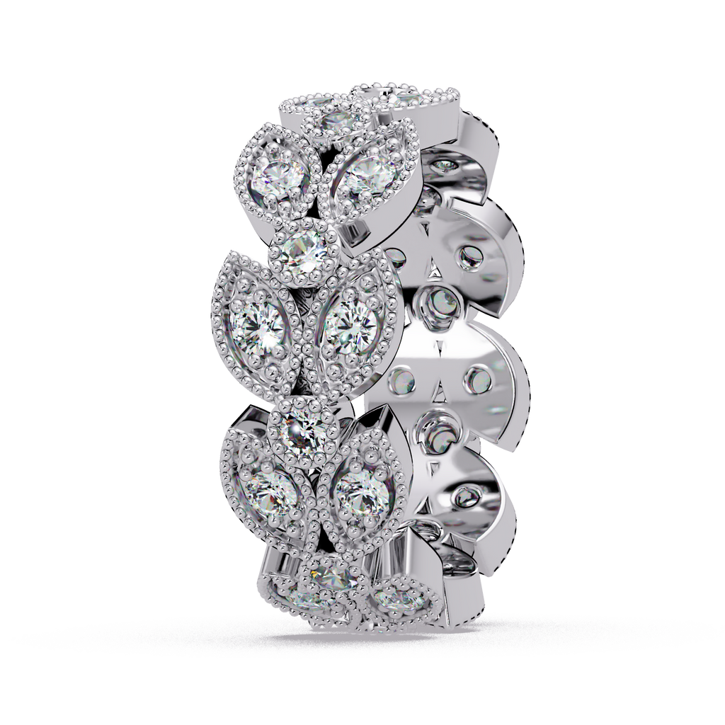 Vintage Leaf Motif Round Cut Diamond Band Ladies Ring