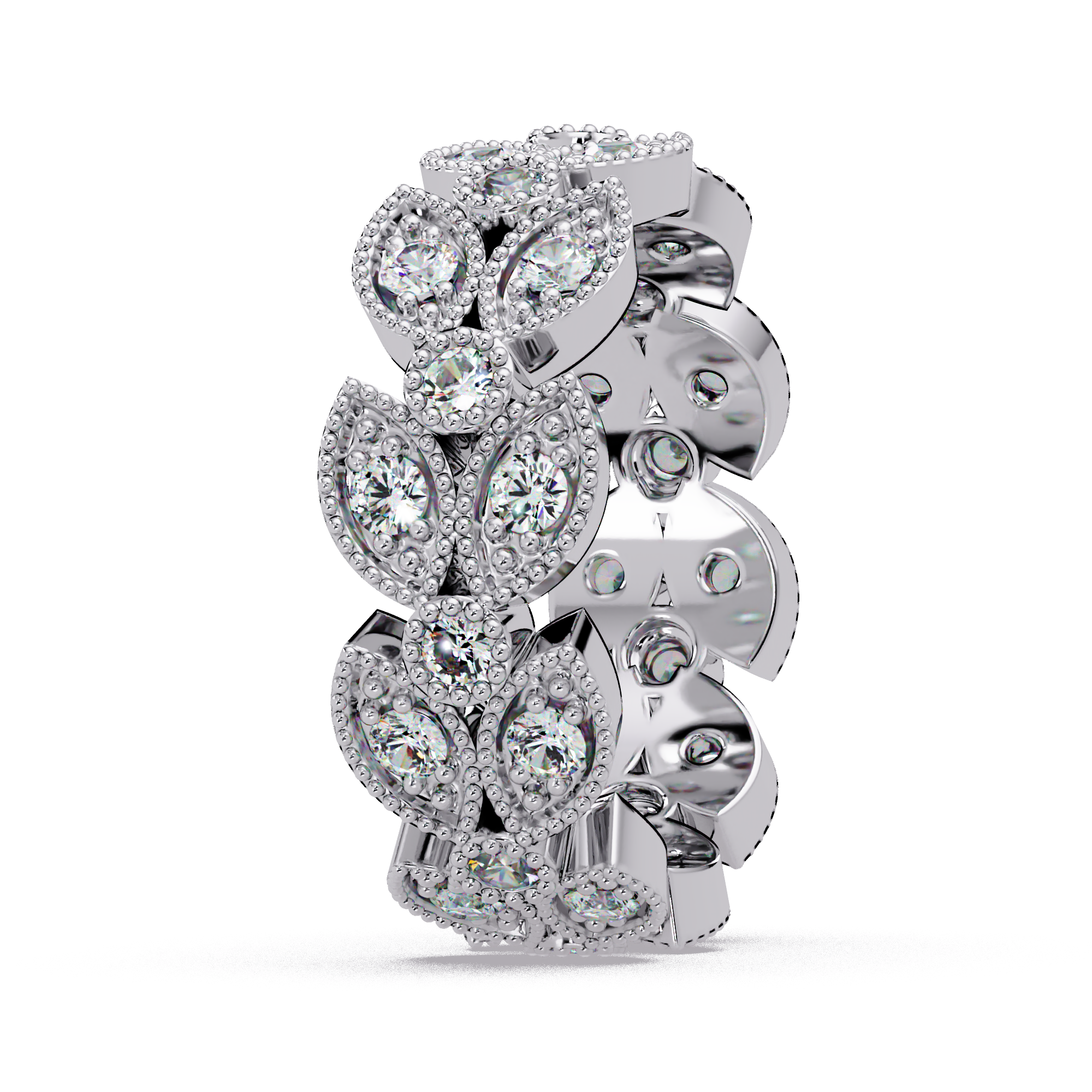 Vintage Leaf Motif Round Cut Diamond Band Ladies Ring