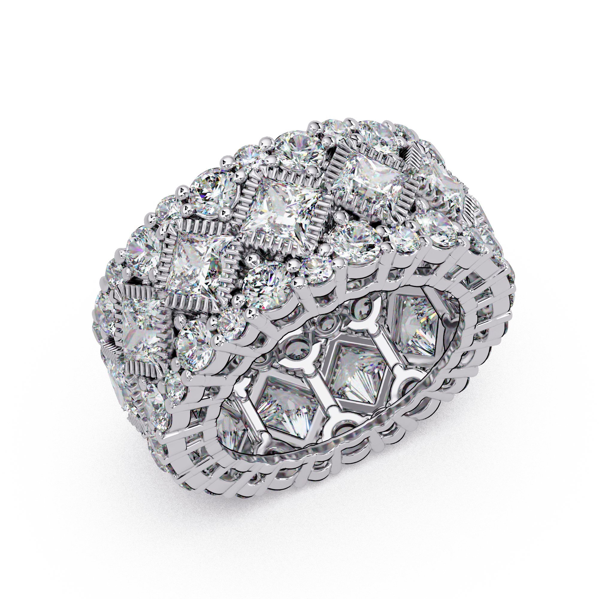 Princess and Round Cut Diamond Wide Eternity Band Ladies Ring