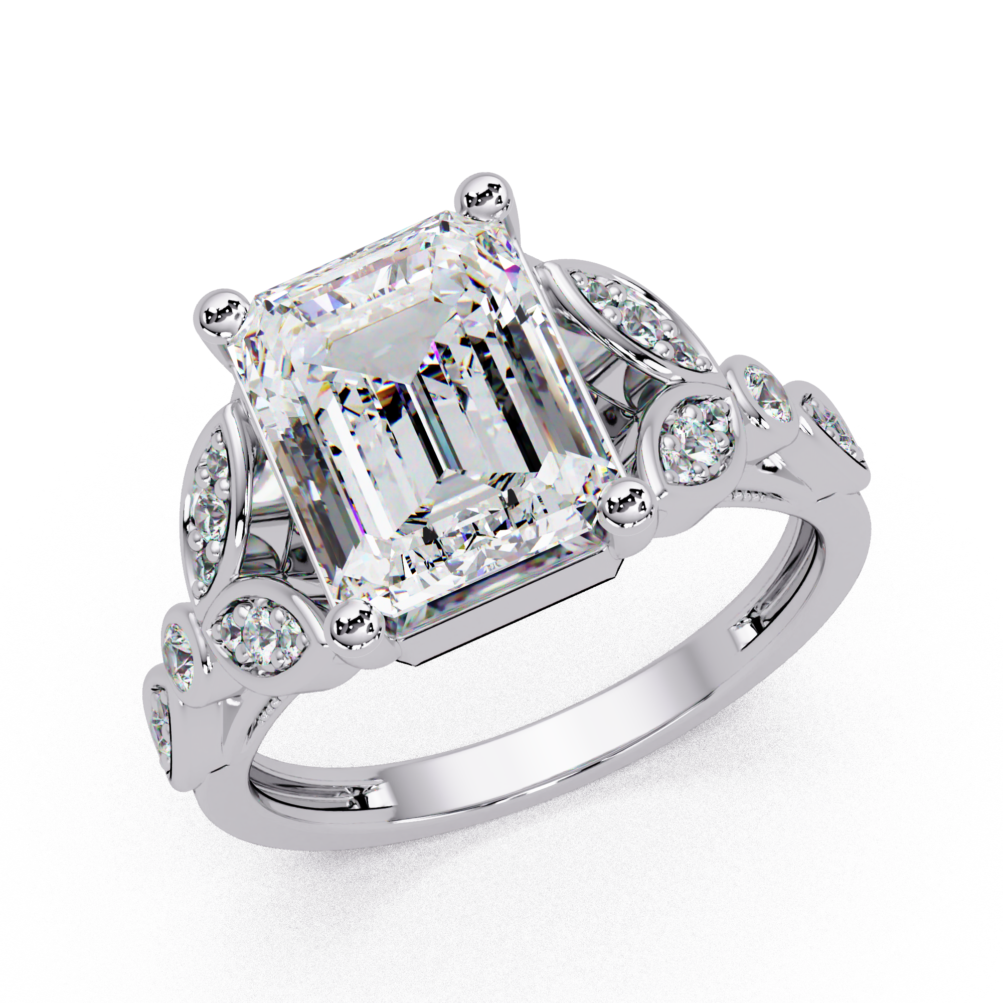 Emerald & Round Cut Diamond Ladies Ring