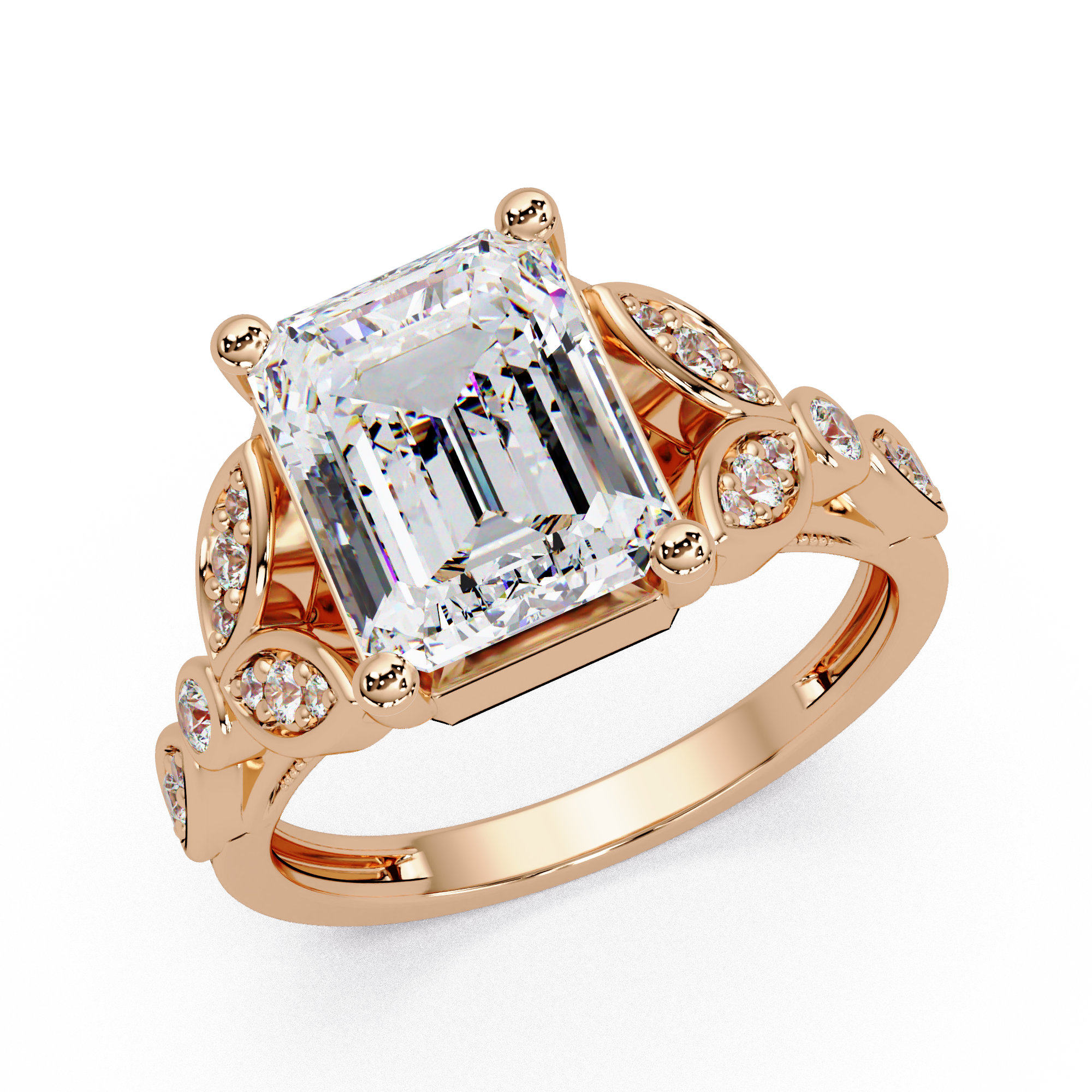 Emerald & Round Cut Diamond Ladies Ring