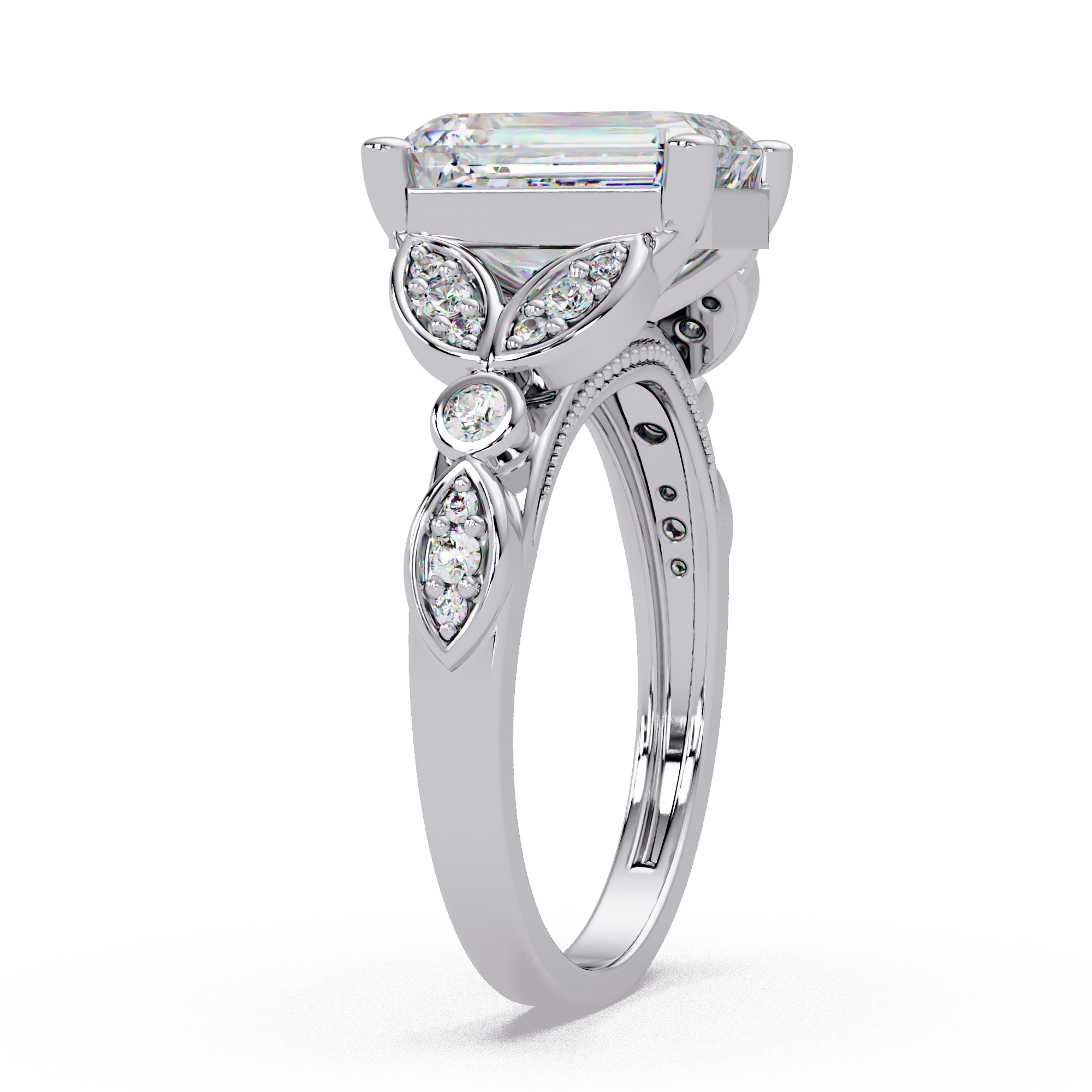 Emerald & Round Cut Diamond Ladies Ring