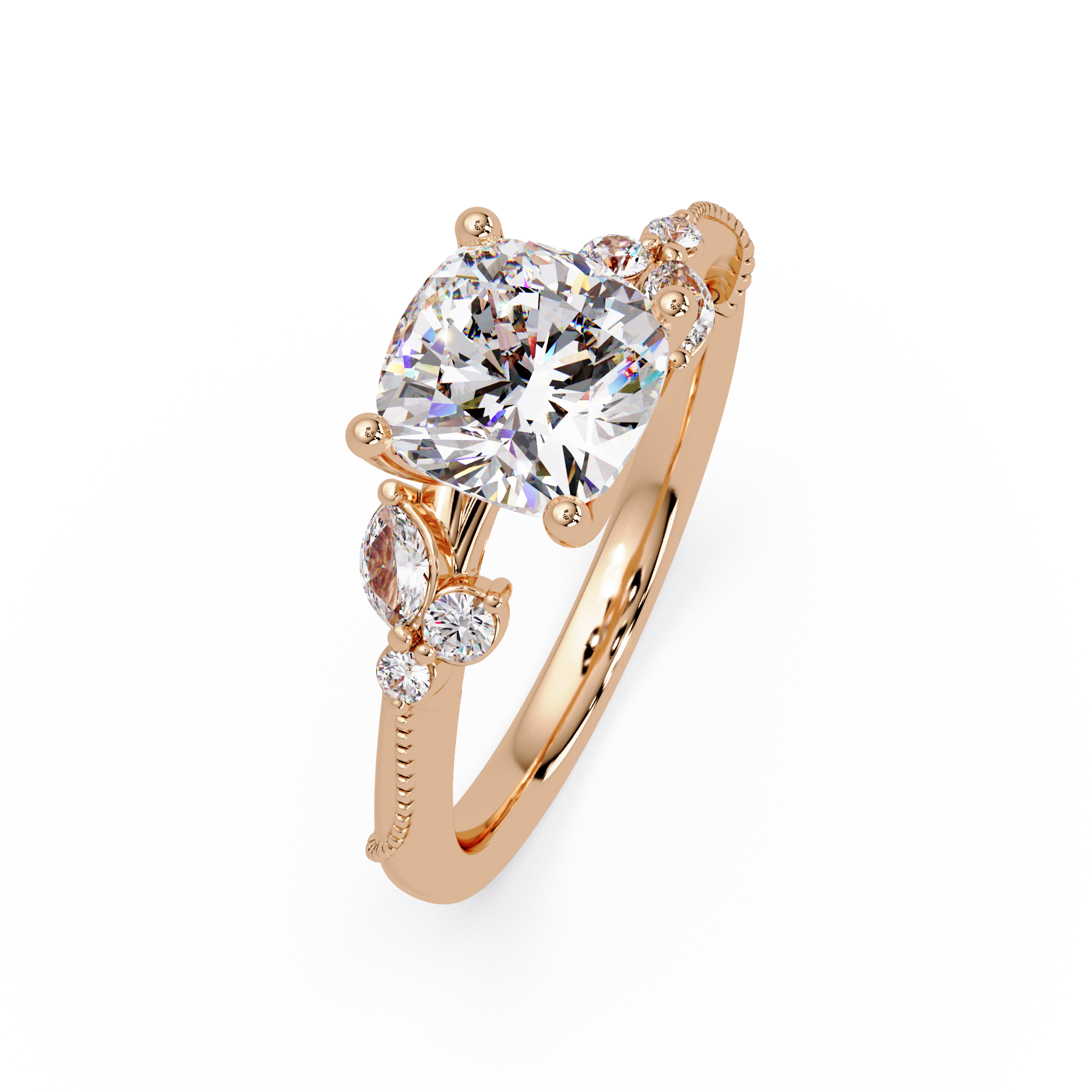Cushion Cut Diamond Engagement Ring | Nature-Inspired Marquise & Round Accent Ring | Milgrain Solitaire Ring | Laxora