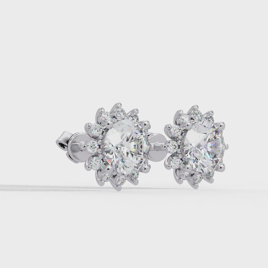 Oval Cut Lab Grown Diamond Floral Halo Stud Earrings