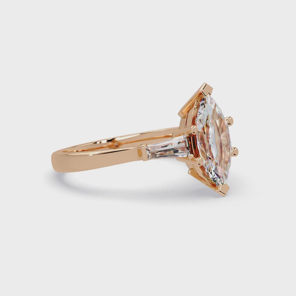 Custom Baguette Side Stone Marquise Cut Three Stone Engagement Ring
