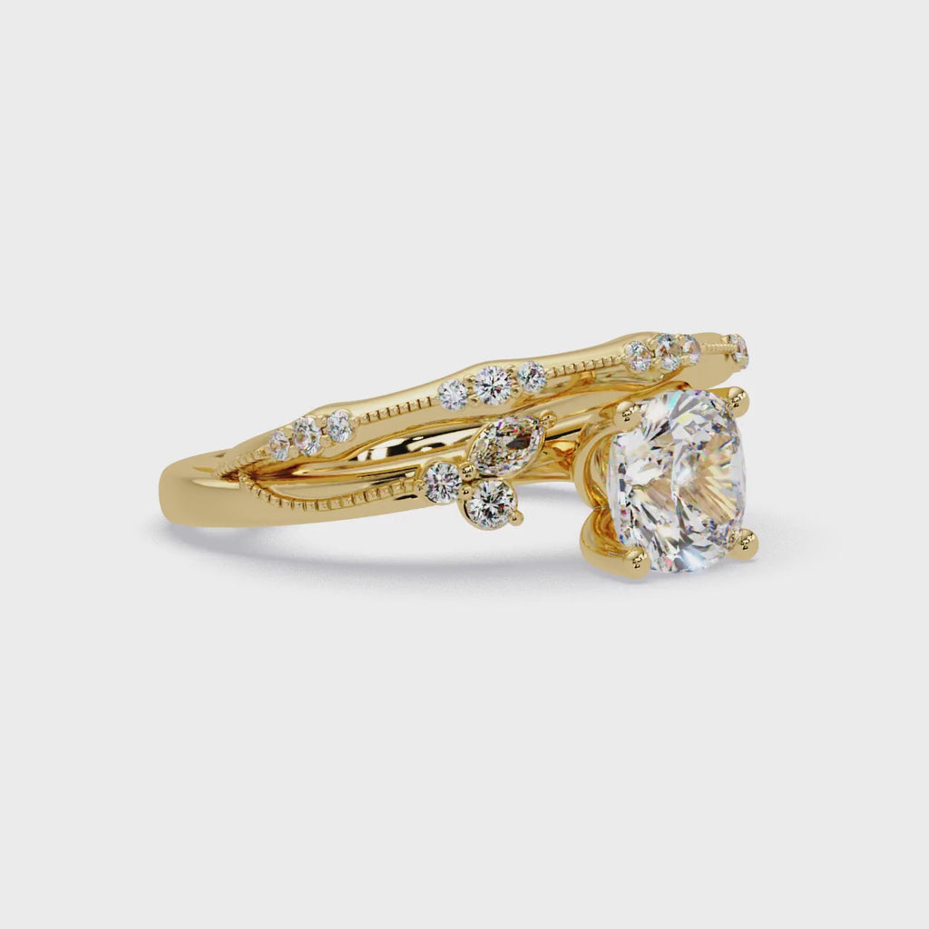 Cushion Cut Diamond Engagement Ring | Nature-Inspired Marquise & Round Accent Ring | Milgrain Solitaire Ring | Laxora