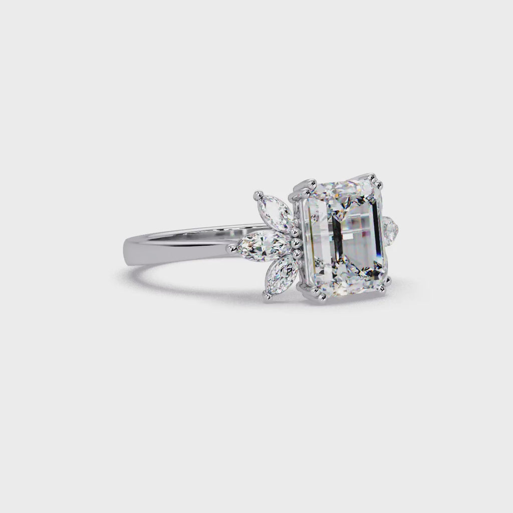 Emerald Cut Diamond Marquise Floral Cluster Engagement Ring