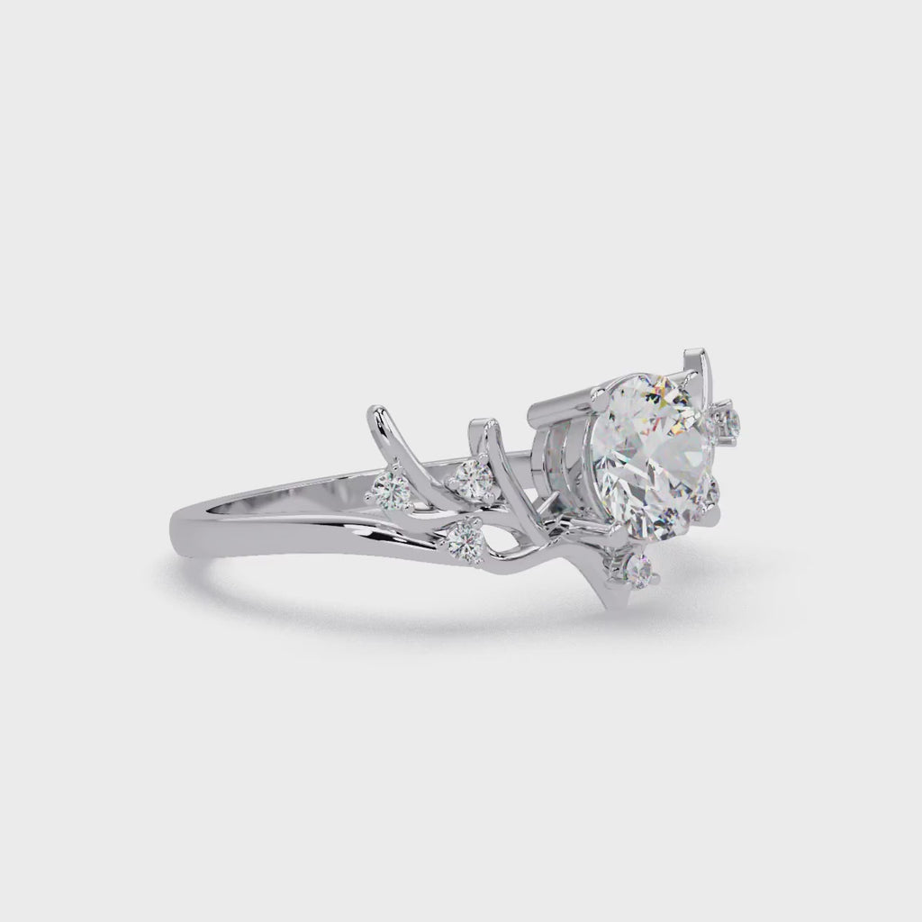 Nature Inspired Round Diamond Engagement Ring | Floral Leaf Solitaire Ring |