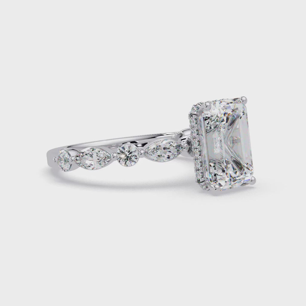 Modern East-West Emerald Solitaire Hidden Halo Ring