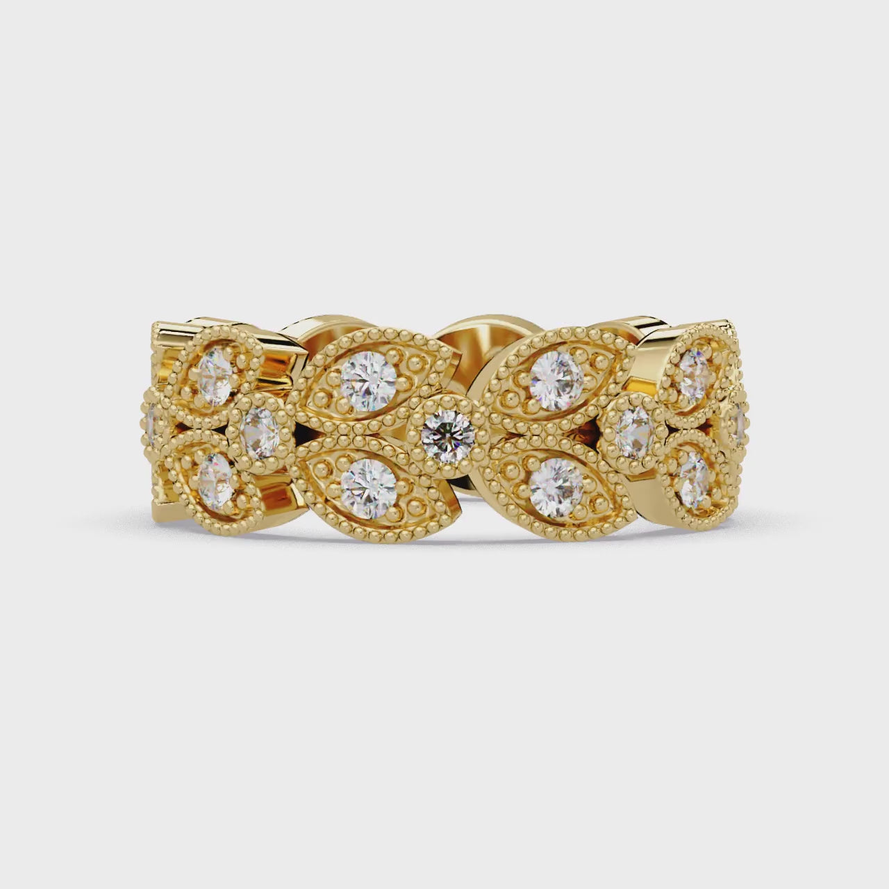Vintage Leaf Motif Round Cut Diamond Band Ladies Ring