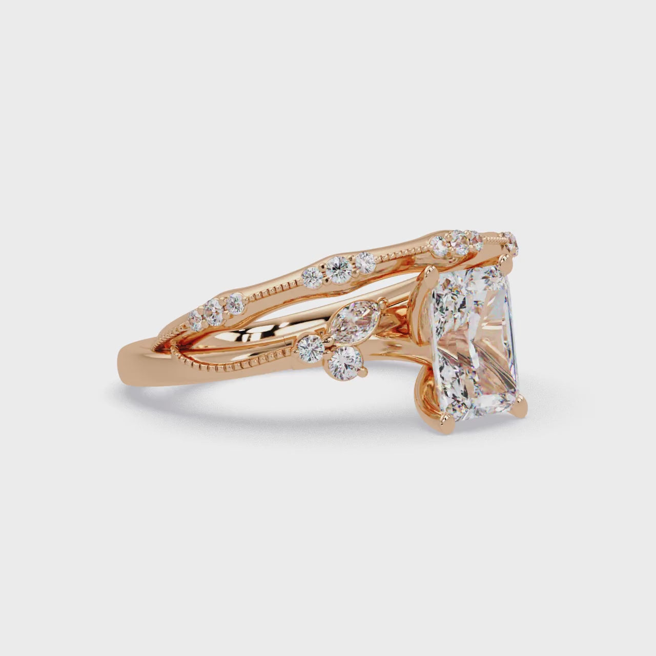 Customizable Radiant Cut Diamond Bridal Ring Set with Round & Marquise Accent Stones