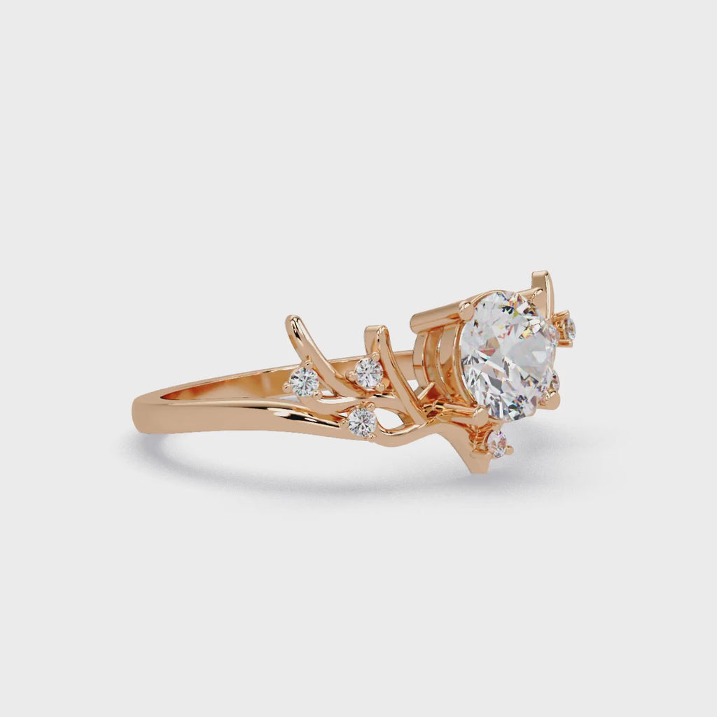 Nature Inspired Round Diamond Engagement Ring | Floral Leaf Solitaire Ring |