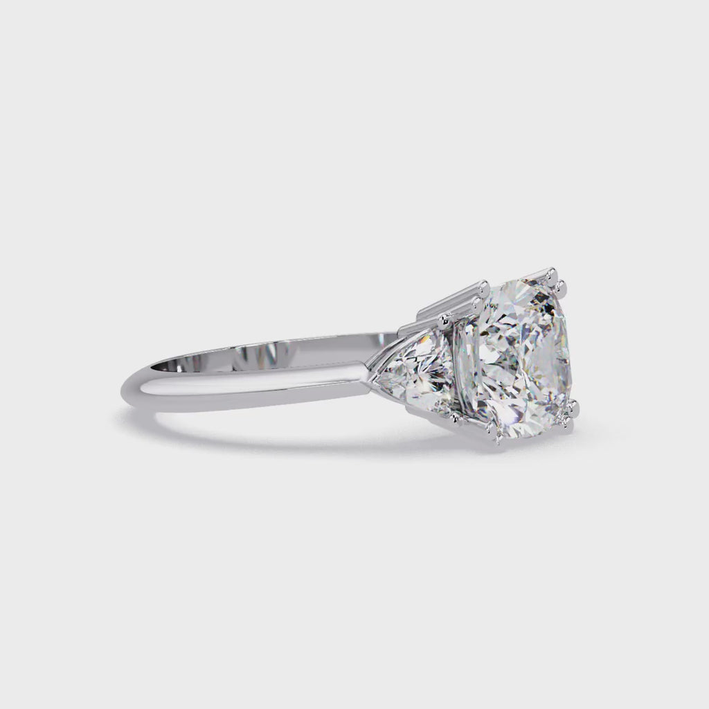 Classic Cushion Cut Engagement Ring with Trillion Side Diamonds