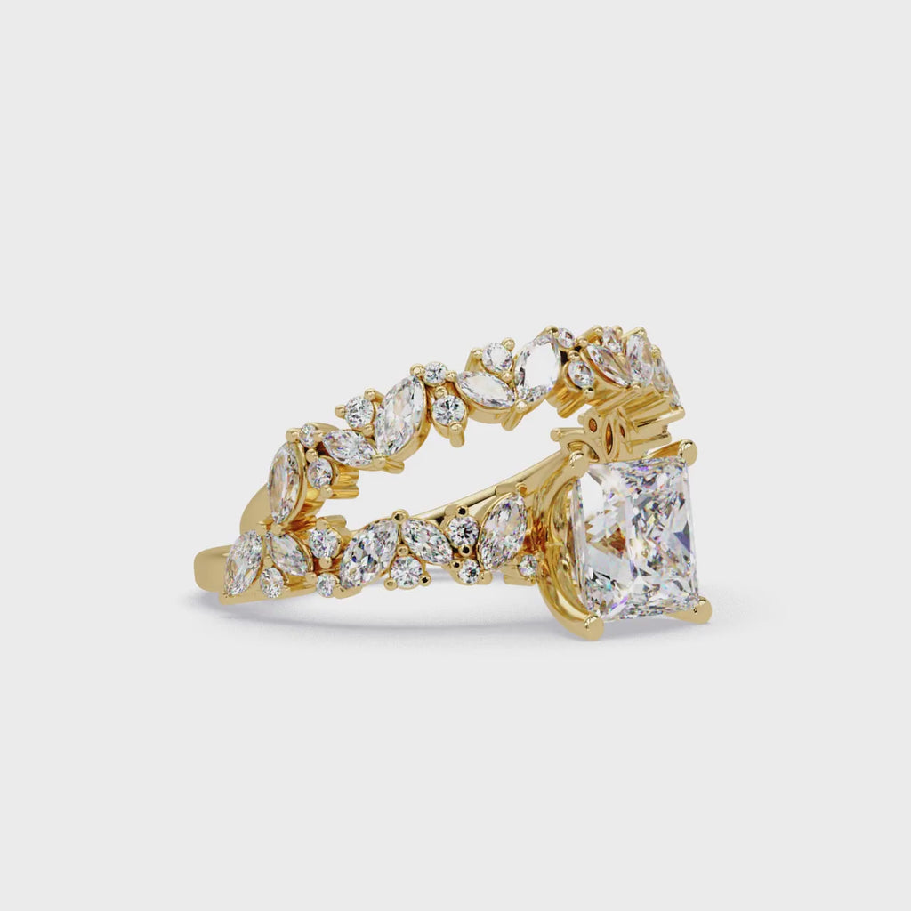 Nature-Inspired Princess Diamond Engagement Ring with Marquise & Round Accent Stones