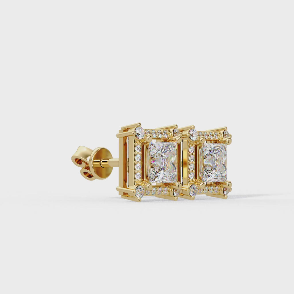 Princess Cut Halo Diamond Stud Earrings