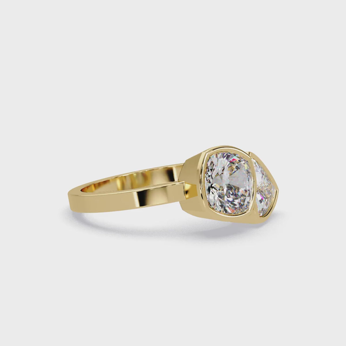 Bezel Set Cushion & Trillion Diamond Toi et Moi Engagement Ring