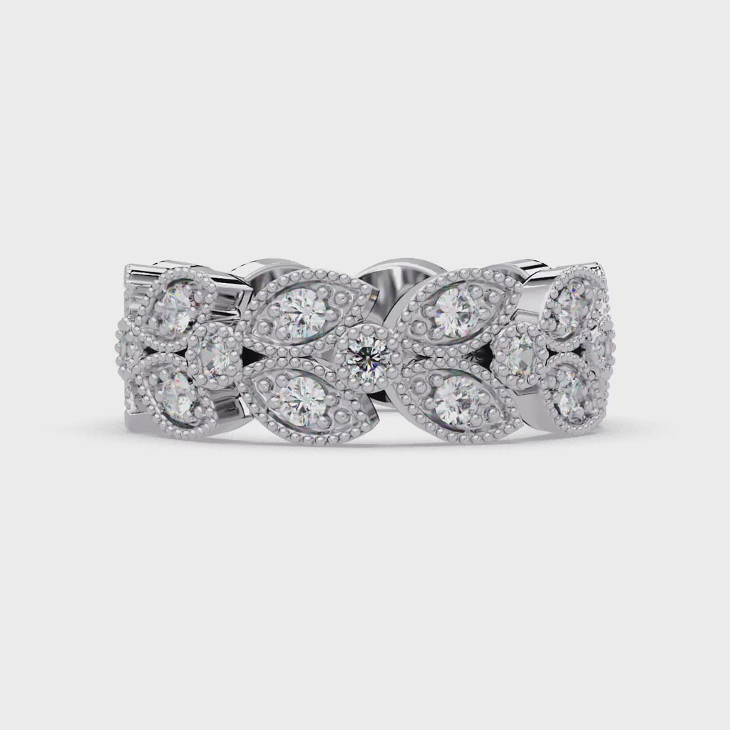 Vintage Leaf Motif Round Cut Diamond Band Ladies Ring