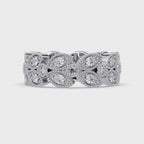 Vintage Leaf Motif Round Cut Diamond Band Ladies Ring