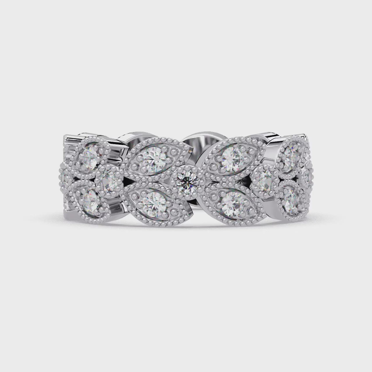 Vintage Leaf Motif Round Cut Diamond Band Ladies Ring