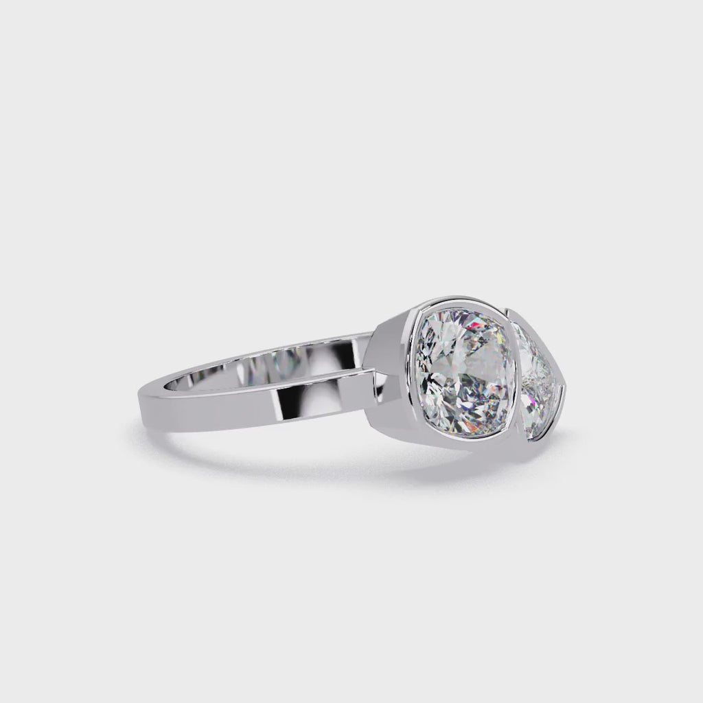 Bezel Set Cushion & Trillion Diamond Toi et Moi Engagement Ring