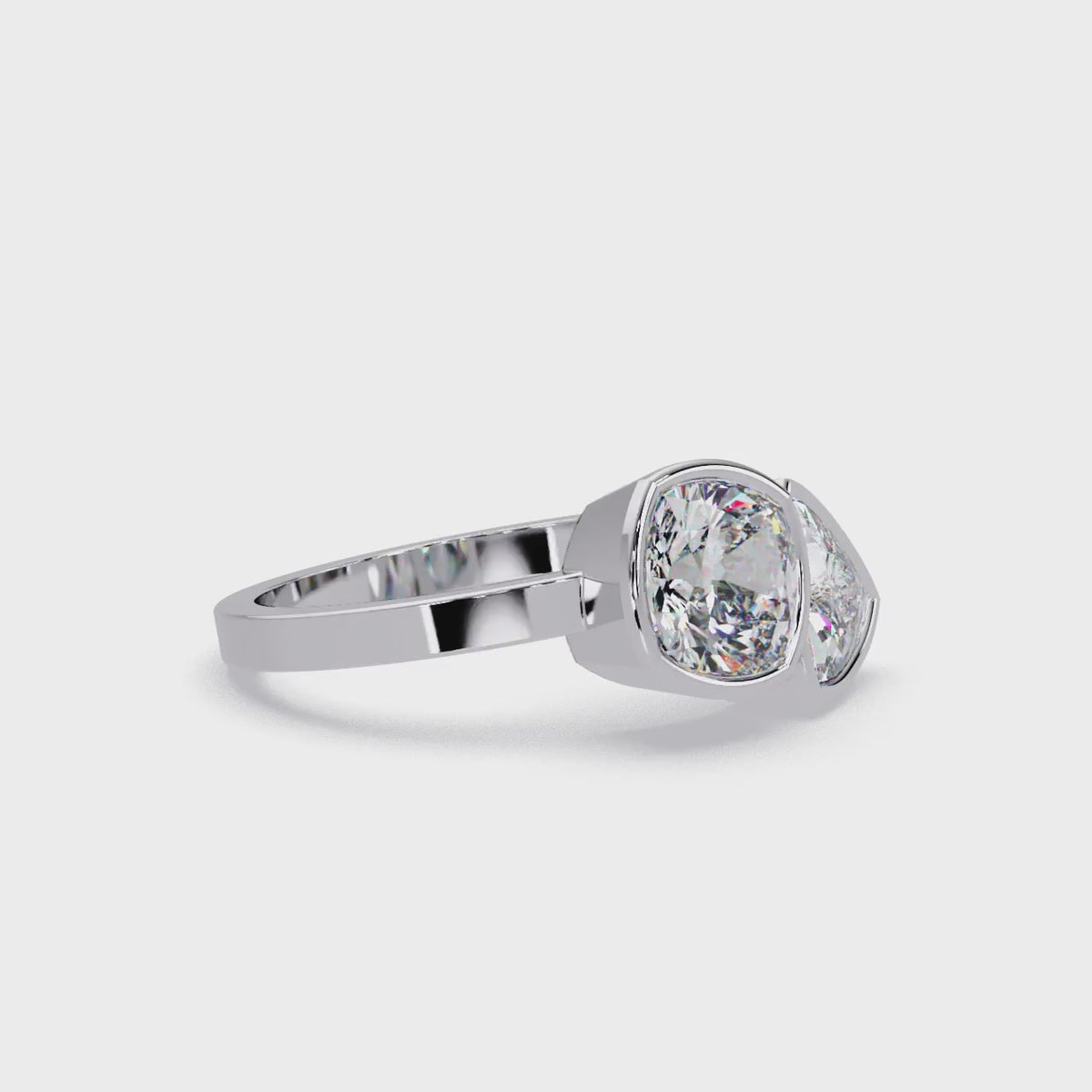 Bezel Set Cushion & Trillion Diamond Toi et Moi Engagement Ring