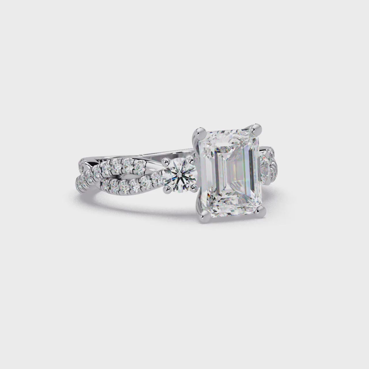 Emerald Cut Diamond Three Stone Twisted Pave Ladies Ring