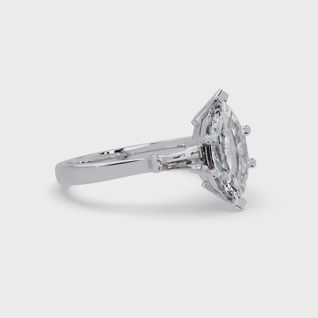 Custom Baguette Side Stone Marquise Cut Three Stone Engagement Ring