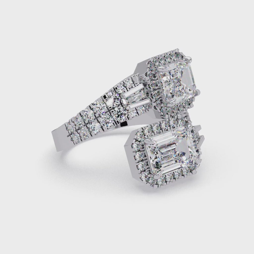 Custom Baguette Emerald Cut Double Halo Engagement Ring